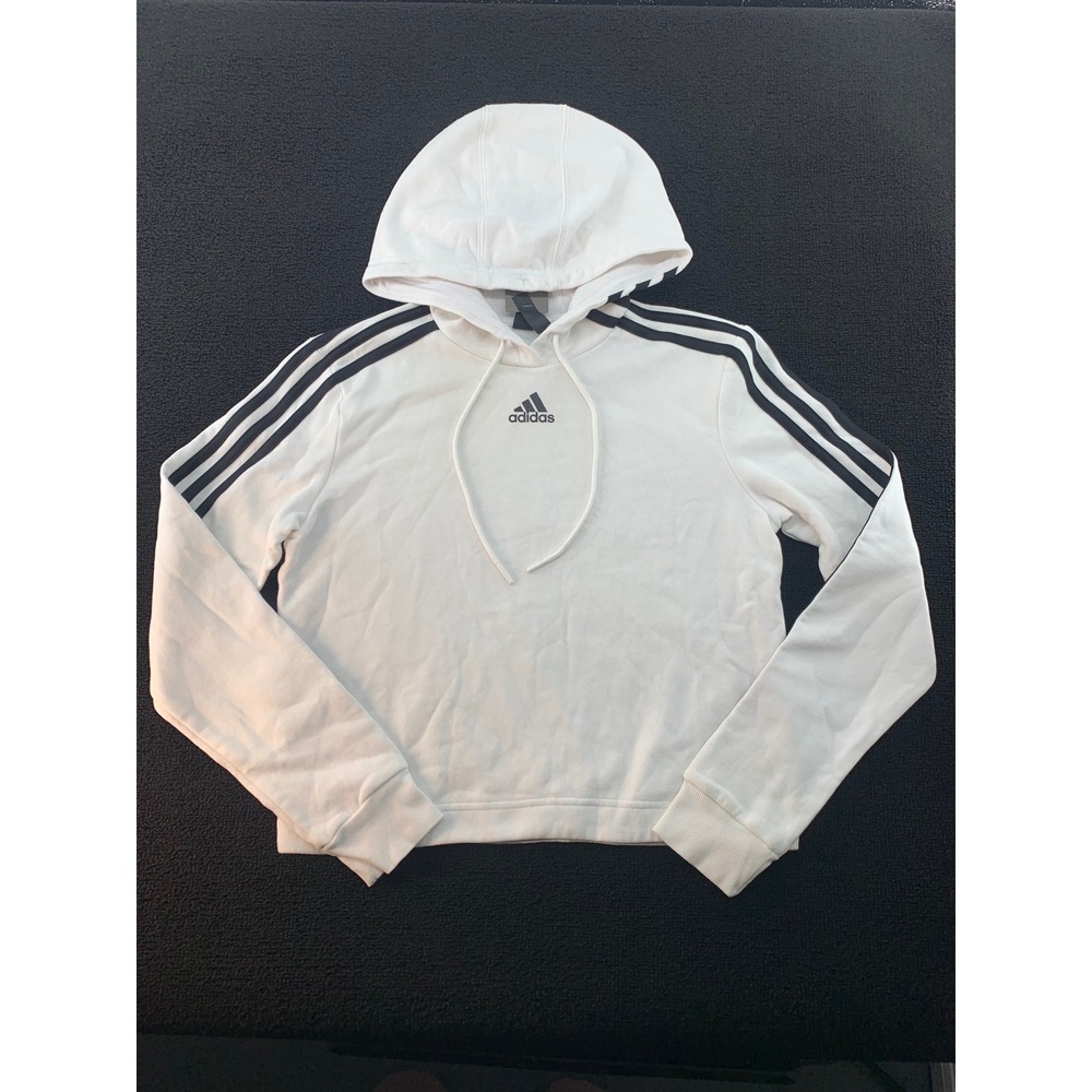 Adidas Women's White‎ Cropped Hoodie with 3 Stripes Athletic Sweatshirt XS